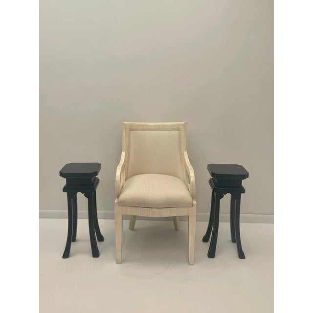 Superbly stylish pair of Maison Jansen-esque French ebonized square end tables having Asian pagoda flair, handsome carved...