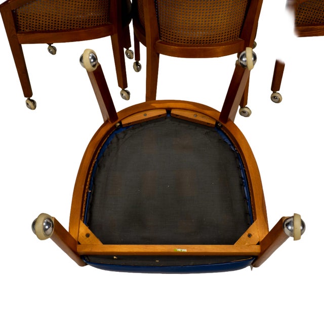1970s Set of 4 Bent Oak & Cane Tub Chairs on Casters W/ Royal Blue Cushions in the Manner of Ward Bennett For Sale - Image 17 of 18