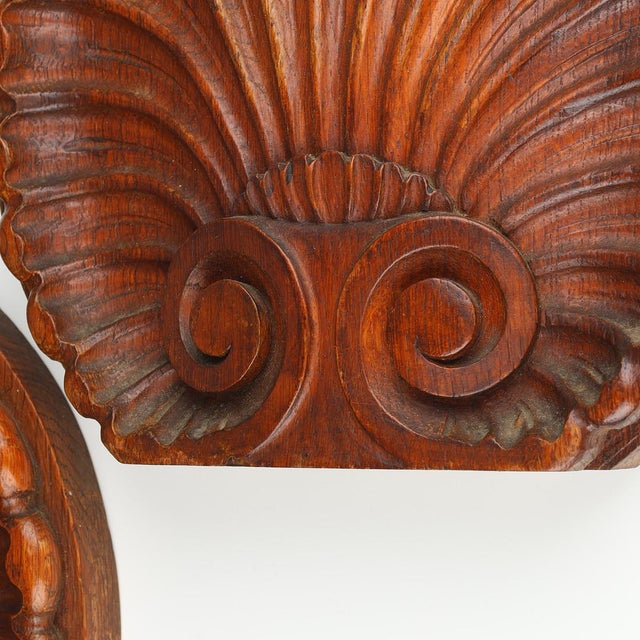 Brown Pair of Early 20th Century Danish Carved Oak Scallop Shell Ornaments For Sale - Image 8 of 8