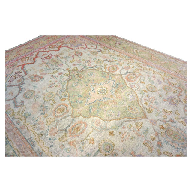 Antique Turkish Oushak Wool 10x13 Olive, Ivory, & Pink Handmade Area Rug #1144268 For Sale - Image 13 of 15