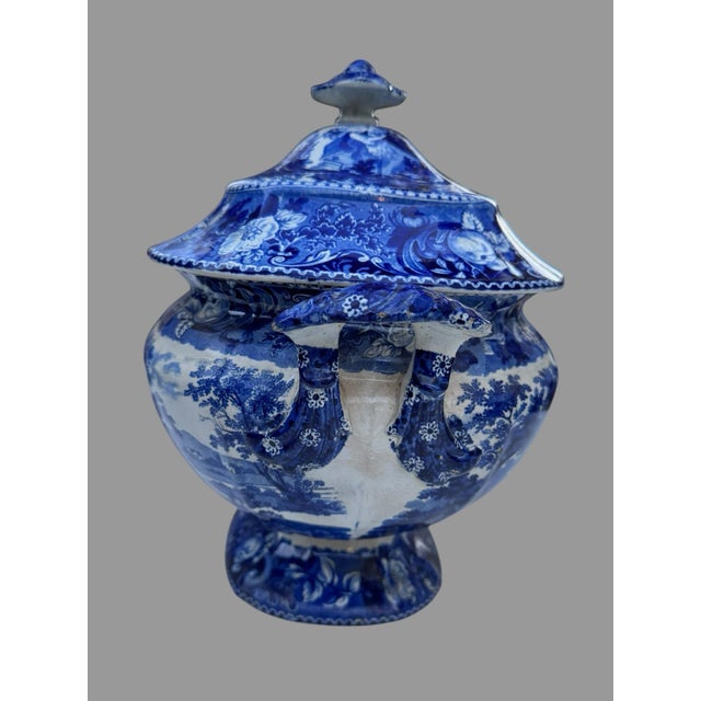 Antique Staffordshire Blue White Transferware Covered Soup Tureen Pastoral Scene For Sale - Image 9 of 9