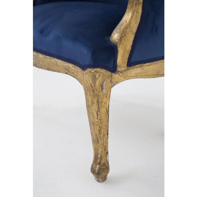 Mid-Century Modern Vintage Blue Velvet and Gilt Wood Armchair, 1890s For Sale - Image 3 of 10