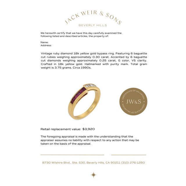 Metal Vintage Ruby Diamond 18k Yellow Gold Bypass Ring, Size 6.75 For Sale - Image 7 of 7