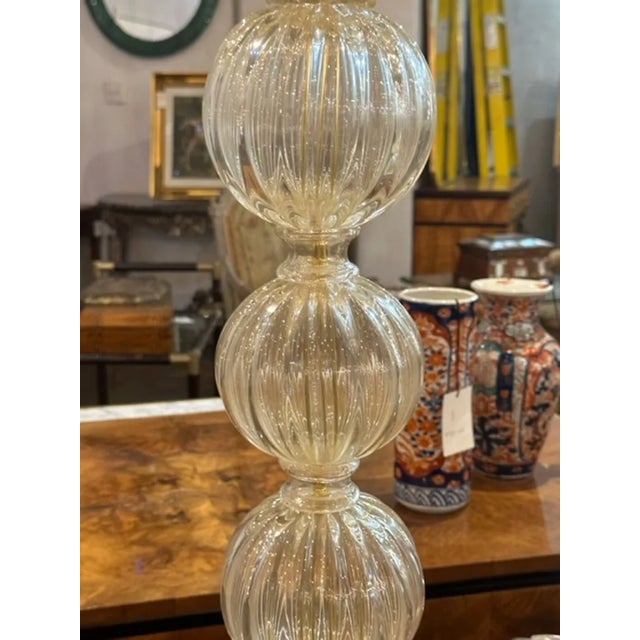 Pair of Modern Gold Murano Glass Ball Form Lamps For Sale - Image 4 of 5