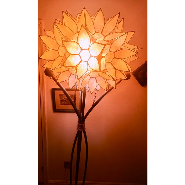 Metal Vintage Brutalist Capiz Shell "Lotus" Floor Lamp With Hand-Wrapped Copper Binding For Sale - Image 7 of 12