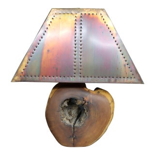 Mid 20th Century Mid Century Modern Live Edge Wood Table Lamp With Pierced Copper Shade For Sale