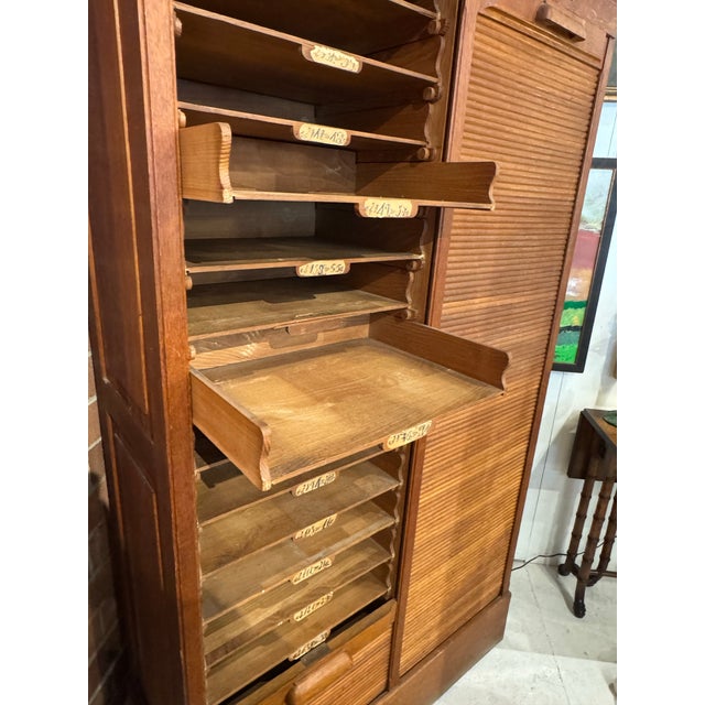 Mid-Century Modern Vintage Oak Tambour Door Filing Cabinet With Sliding Trays & Original Keys For Sale - Image 3 of 12