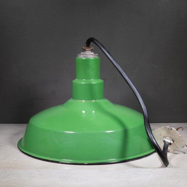 Vintage 18" Enameled Porcelain Green Industrial Pendant Lights c.1930-Set of 3 For Sale - Image 11 of 16