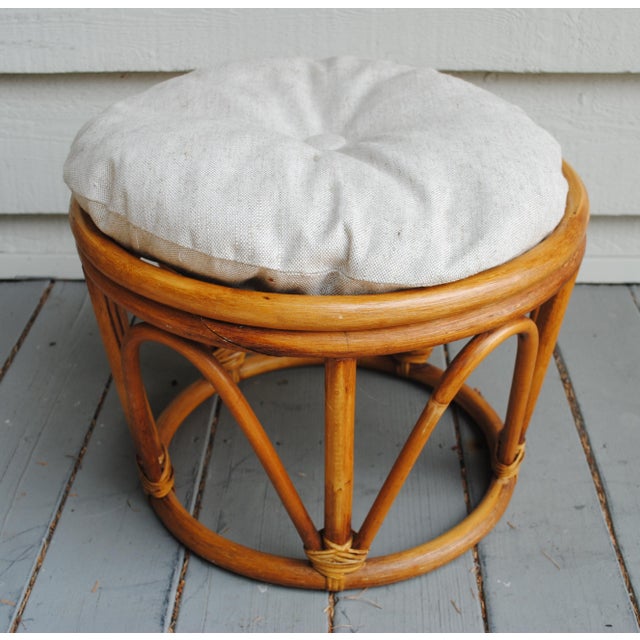 Mid 20th Century Vintage Natural Bamboo Rattan Round Stool Ottoman With Cushion For Sale - Image 5 of 5