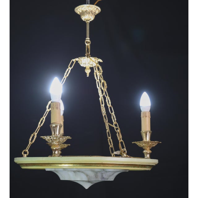 1950s Masterpiece Art Deco Design White Alabaster Chandelier Circular Wooden Frame For Sale - Image 6 of 14