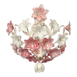 Vintage Italian Murano Style Glass Floral Chandelier - Pink & White Flower 1980s For Sale