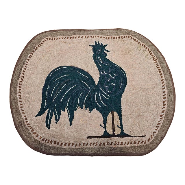 Vintage American Hand Hooked Rug, Wool & Cotton, Standing Rooster Design, 2x3 For Sale