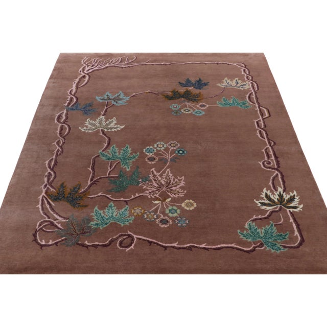 Rug & Kilim Rug & Kilim Chinese Style Art Deco Rug in Brown, Bordeaux & Blue Florals - 10'x14' For Sale - Image 4 of 9
