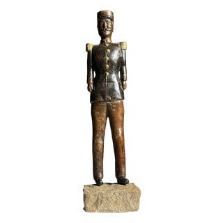 Hand-Carved Statue of a French Officer, 19th Century, Oak on Stone Base For Sale