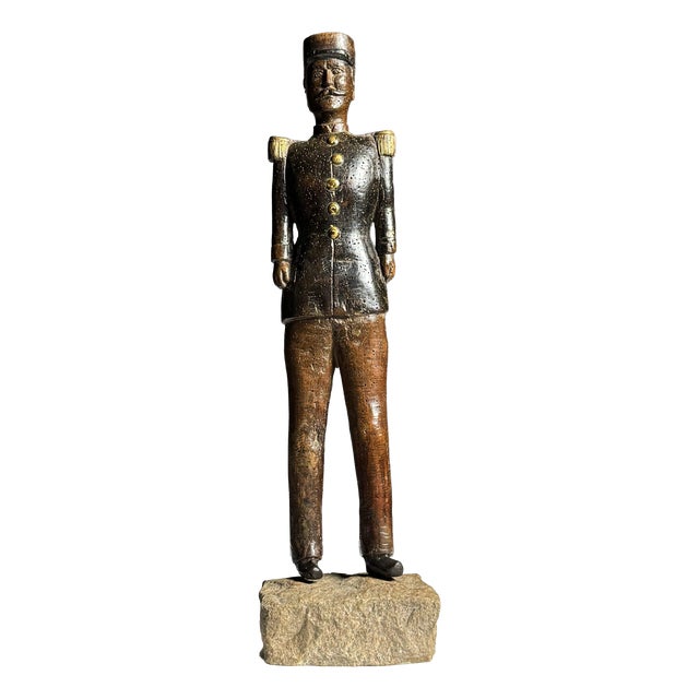 Hand-Carved Statue of a French Officer, 19th Century, Oak on Stone Base For Sale