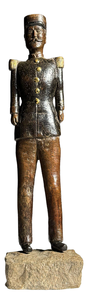 Hand-Carved Statue of a French Officer, 19th Century, Oak on Stone Base