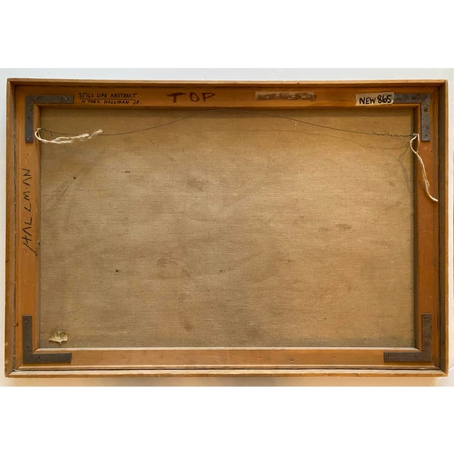 A vibrant mid-century abstract expressionist work, signed and titled verso. C. 1960's. Housed in it's original wood strip...