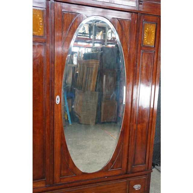 Antique Edwardian Neoclassical Mahogany Fruitwood Inlaid Wardrobe Armoire Mirror For Sale - Image 6 of 18