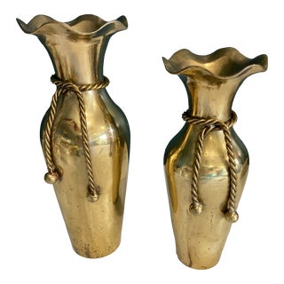 Vintage Brass Rope and Tassel Vases- Set of 2 For Sale