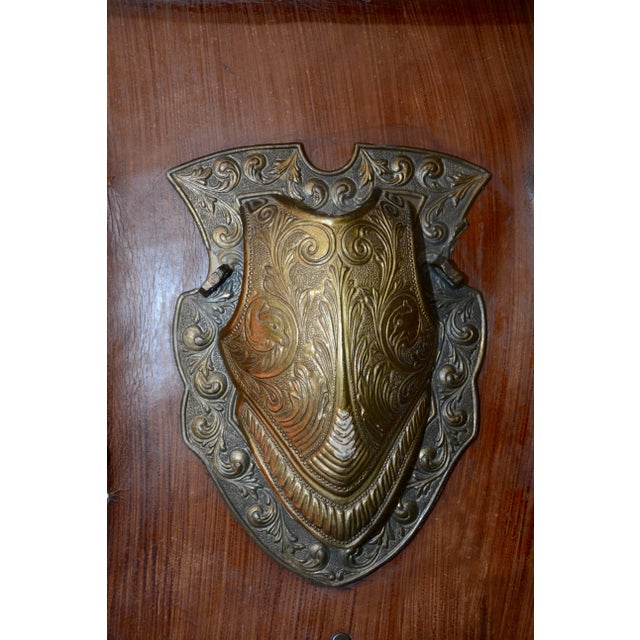 Gothic Vintage Bronze Shield on Rustic Leather Scroll Wall Hanging For Sale - Image 3 of 10