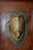 Gothic Vintage Bronze Shield on Rustic Leather Scroll Wall Hanging For Sale - Image 3 of 10