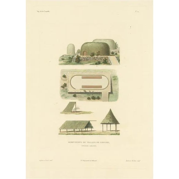 Duperrey, Illustration of Dwellings in Likiliki Village, New Ireland, Print For Sale
