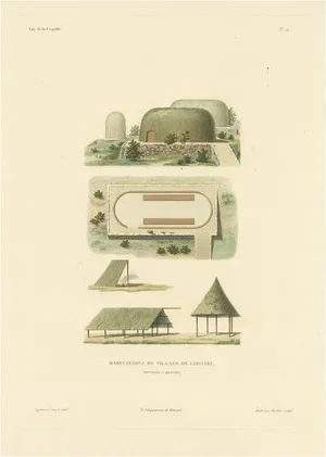 Duperrey, Illustration of Dwellings in Likiliki Village, New Ireland, Print