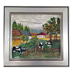 1982 Modernist 'Grazing Cows' Vintage Swedish Expressive Landscape Oil Painting, Framed