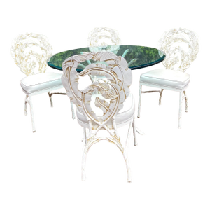 Vintage Coastal Cast Banana Leaf Pattern Glass Top Aluminum Outdoor Patio Table & 4 Chairs
