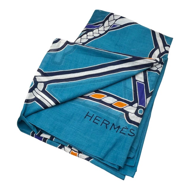 Hermes Blue Bridle Cotton Large Shawl Wrap For Sale