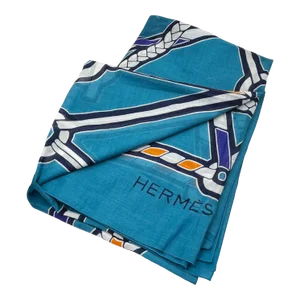 Hermes Blue Bridle Cotton Large Shawl Wrap