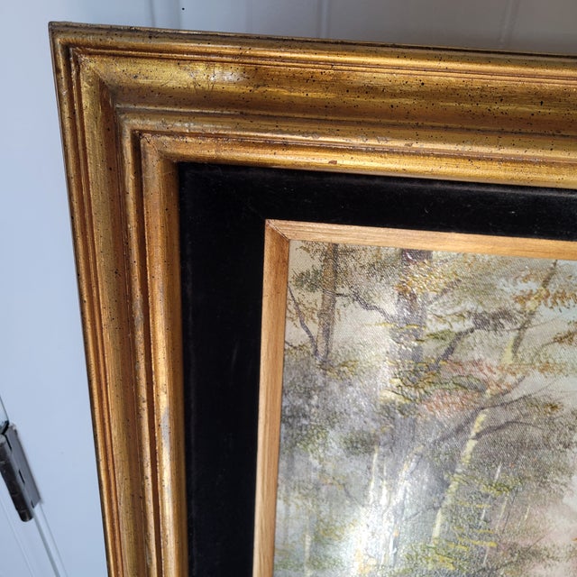 1970s R. Amutris Mid Century Modern Original Oil Painting Artist Signed River Forest Trees For Sale - Image 10 of 18