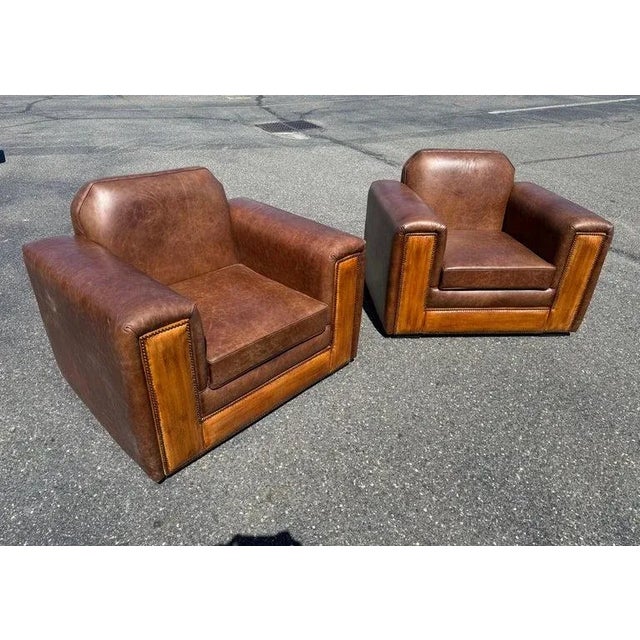 Brown Pair of Fully Restored French Art Deco Two-Tone Leather Club Chairs For Sale - Image 8 of 15