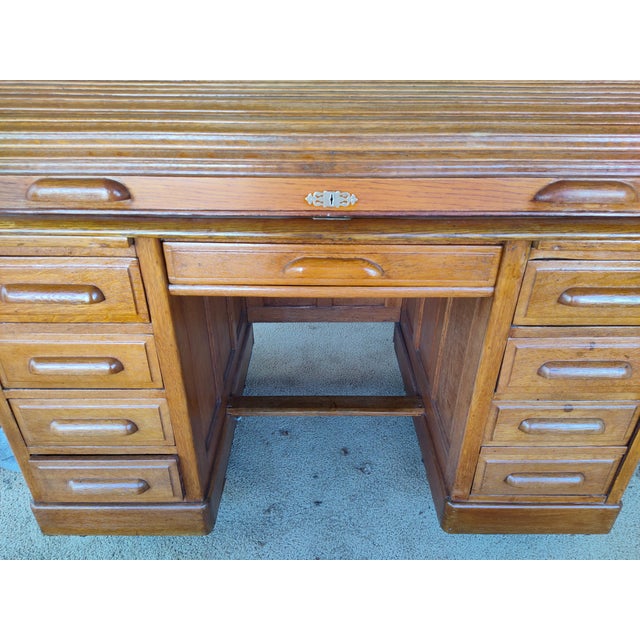 1890's Edwardian Oak Roll Top Desk For Sale - Image 17 of 18