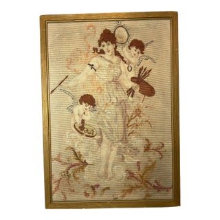 Large Antique 19th Century Victorian Handmade Lady Cherub Venus Needlepoint Art For Sale