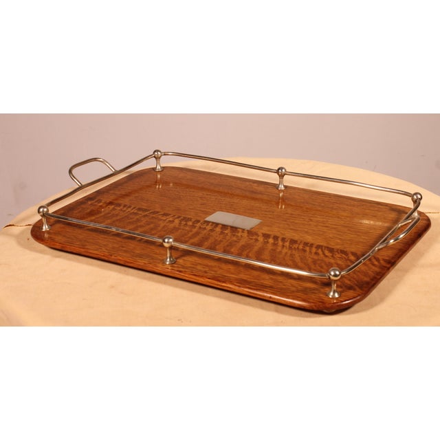 19th Century Silver-Plated Metal and Oak Tray For Sale - Image 9 of 11