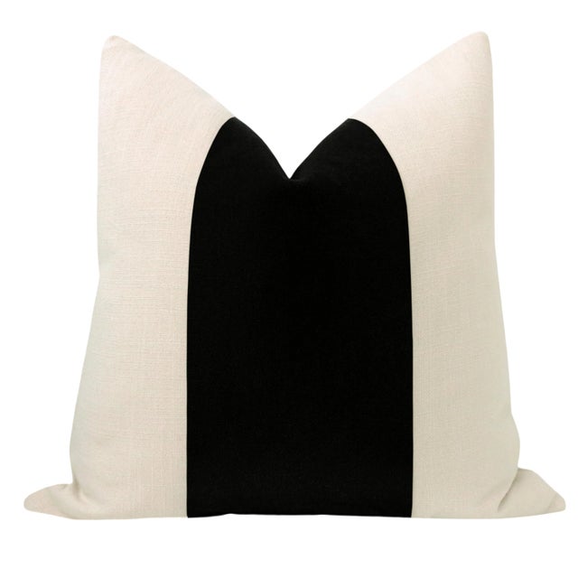 Pair of beautiful 22" natural linen pillows with a Caviar mohair velvet center and solid natural linen reverse....