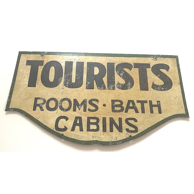 Black 1930s Tourists Rooms Bath Cabins Double-Sided Painted Metal Sign 30” X 17.5” For Sale - Image 8 of 8