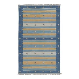 Rug & Kilim’s Indian Dhurrie Rug in Blue, Gold and Ivory Geometric Stripes For Sale