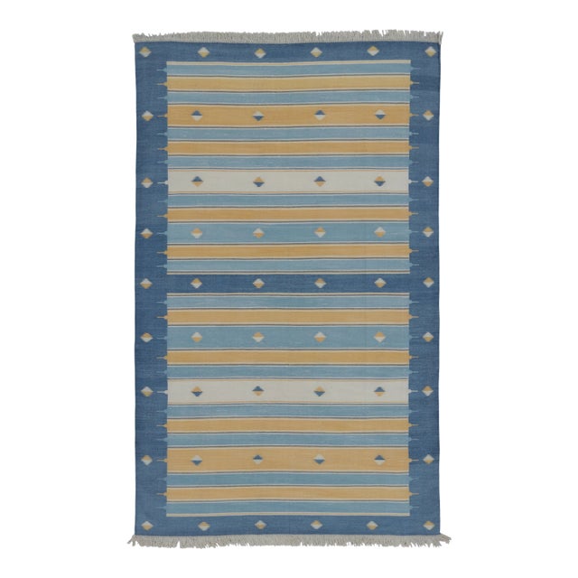 Rug & Kilim’s Indian Dhurrie Rug in Blue, Gold and Ivory Geometric Stripes For Sale