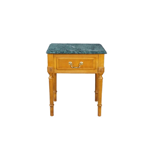 Vintage Century Furniture French Louis XVI neoclassical or Regency style end table, featuring a maple base with a single...