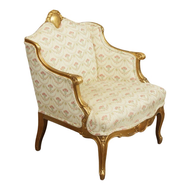 French Louis XV Style Antique Gilt Frame Bergere Chair For Sale