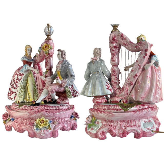 Rococo Large Mid-Century D. Poloniato Capodimonte Porcelain Table Lamp Courting Couple Harp For Sale - Image 3 of 18