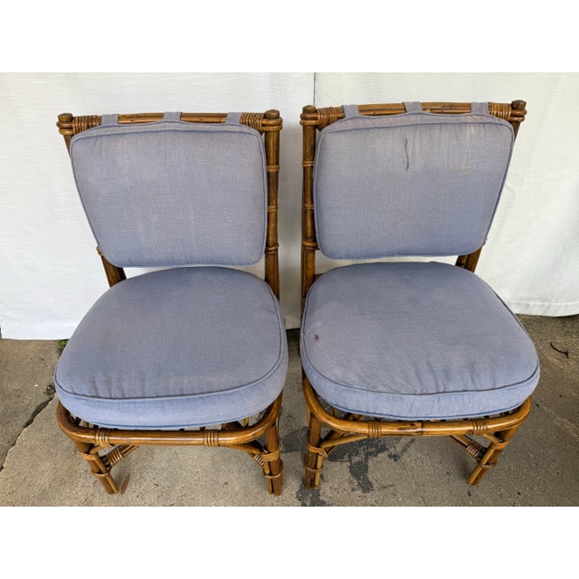 Blue 1970s Vintage Palm Beach Regency Bamboo & Rattan Dining Set - Set of 5 - Convertible Flip-Top Gaming Table For Sale - Image 8 of 12