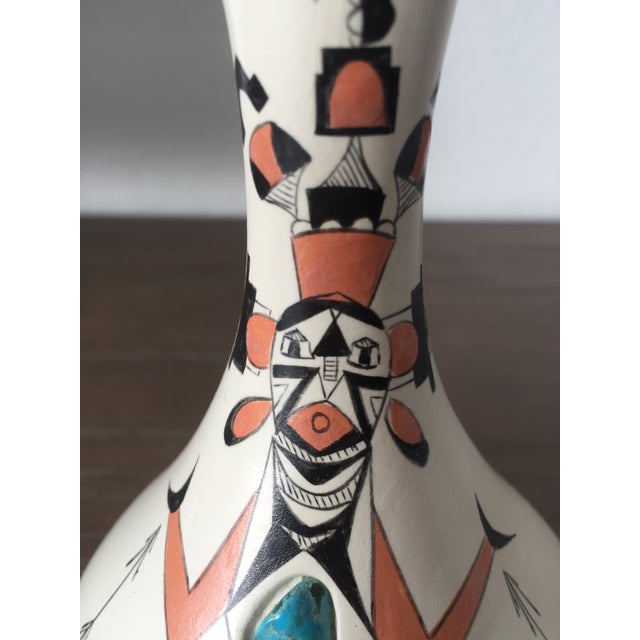 Hand Painted Corn Maiden Pottery Vase With Turquoise Stone Inlay For Sale - Image 9 of 13