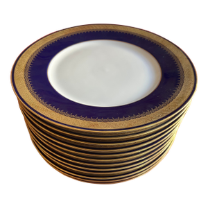 German Cobalt Blue and White Porcelain Dinner Plates With Gold Rims by Hohenberg Ware Hutschenreuther Bavaria - Set of 12