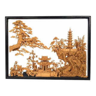 Vintage Chinese-Style Carved Cork Landscape Diorama in Glass Display Case For Sale