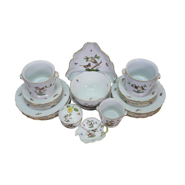 Thirty pieces of vintage Herend Rothschild bird pattern china, made in Hungary. The set features various birds, ladybugs,...