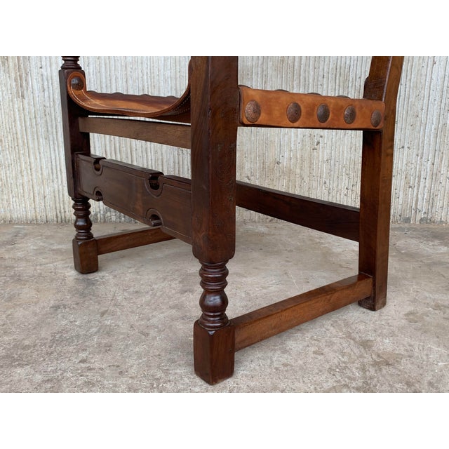 19th Century Spanish Colonial Throne Armchair with Leather For Sale - Image 10 of 11