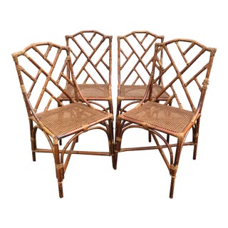 Chinese Chippendale Rattan Dining Chairs - Set of 4 For Sale